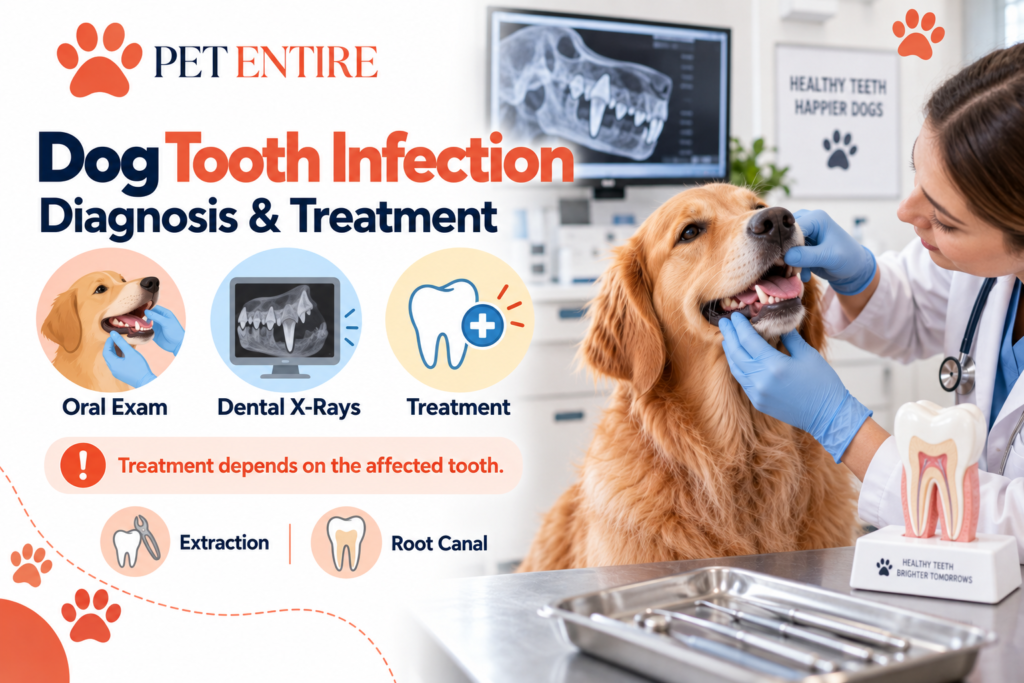 PetEntire infographic showing dog tooth infection diagnosis and treatment with an oral exam, dental X-ray, extraction, and root canal