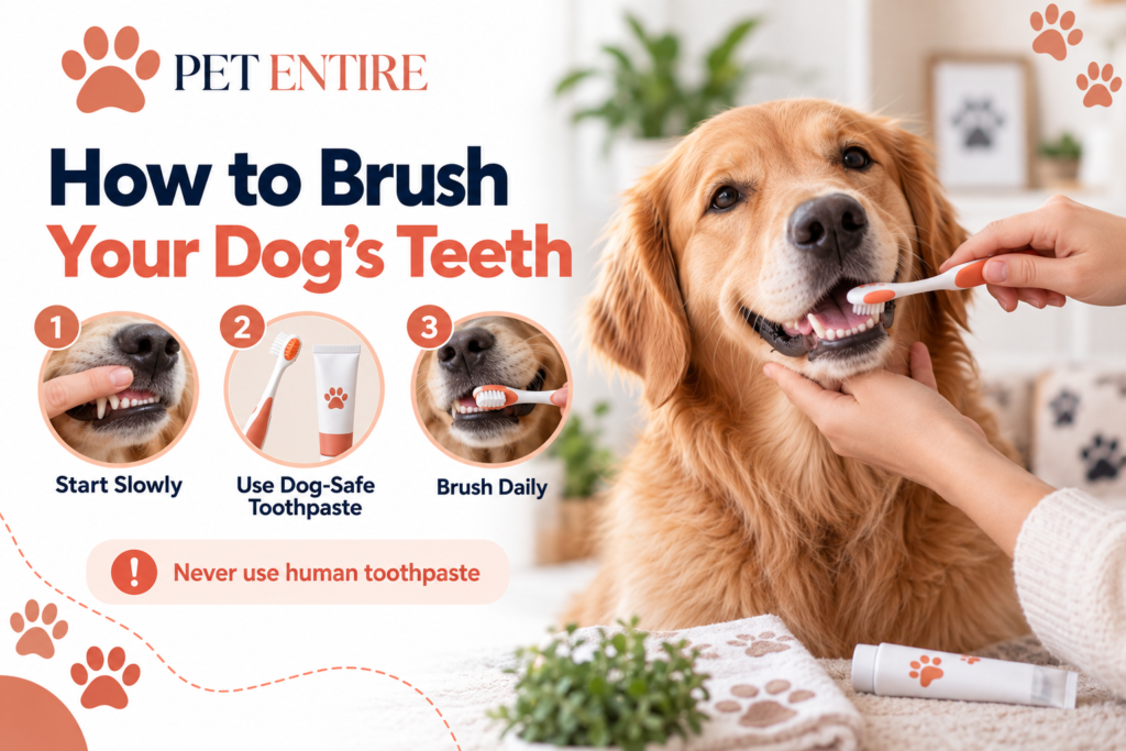 PetEntire guide showing how to brush a dog's teeth with a soft pet toothbrush and dog-safe toothpaste