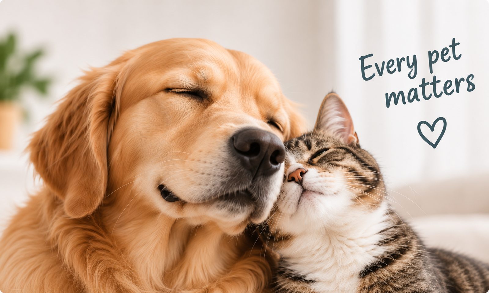 A golden retriever and tabby cat cuddle affectionately next to text reading Every pet matters