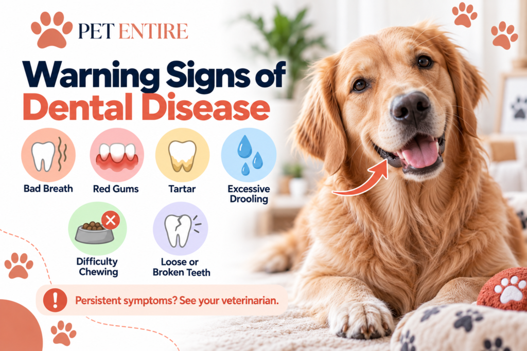 PetEntire infographic showing warning signs of dental disease in dogs, including bad breath, red gums, tartar, drooling, and chewing problems